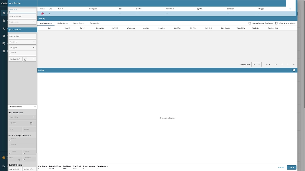 Software interface for creating a new quote, showing fields for item details, pricing, and line item options.