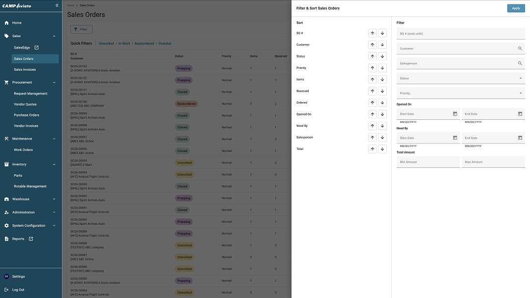 Dashboard interface for managing sales orders with filter and sort options on the right panel.