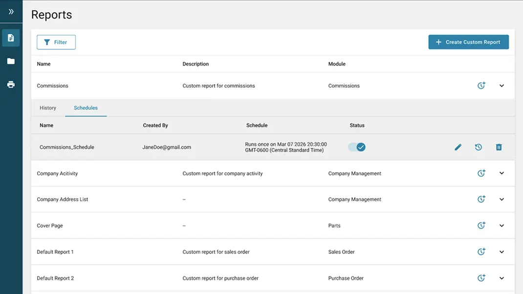 Dashboard showing custom reports for commissions and company activity with scheduling and status options.