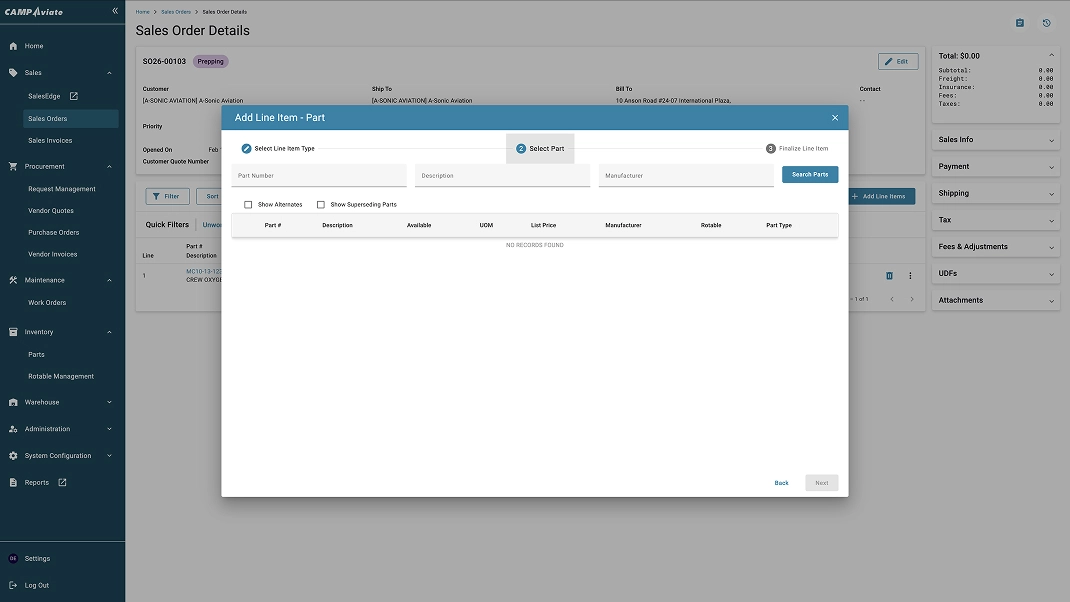 Sales order management interface for adding and editing line items in CAMP Aviator software.