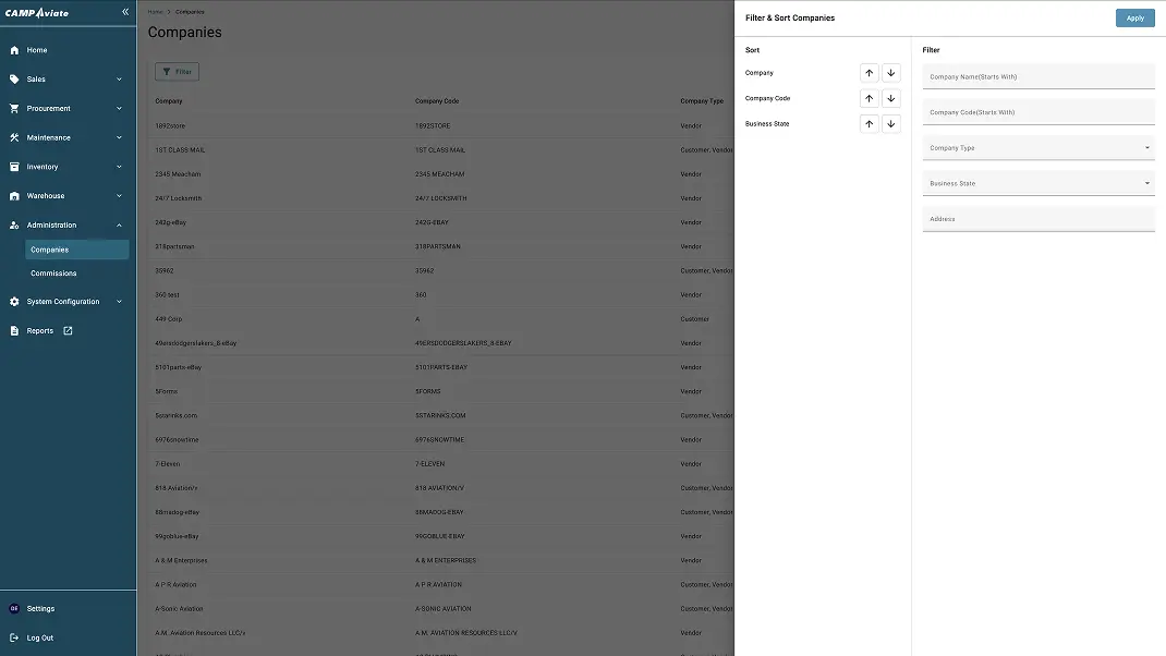 Company management dashboard interface with filter options for sorting and categorizing business details.