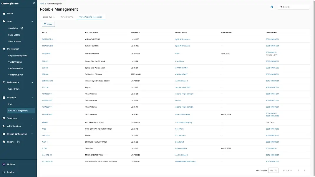 Rotable management software interface displaying various aircraft parts and vendors for inventory tracking.