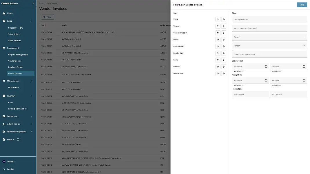 Dashboard displaying vendor invoices with filtering and sorting options in a procurement management system.