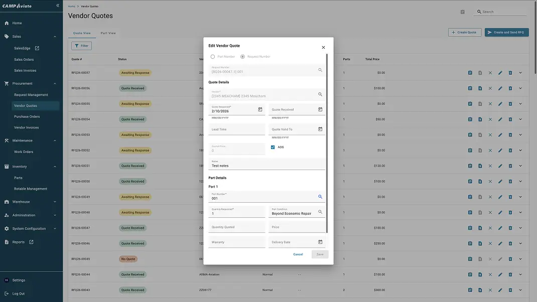 Vendor quotes management dashboard displaying quote status and details popup window for editing information.
