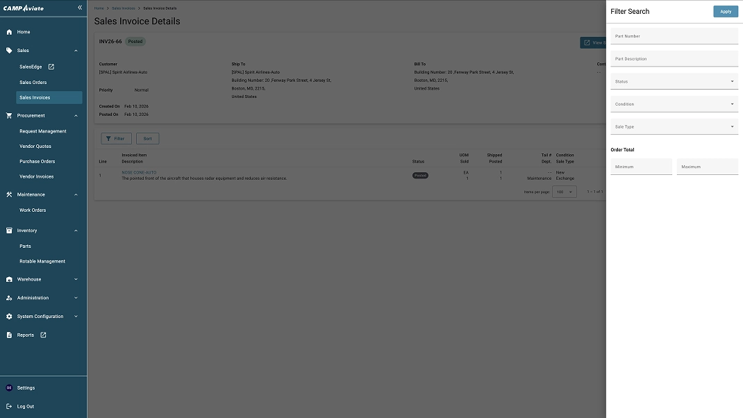 Sales invoice details screen with filter search options and navigation menu on the left.