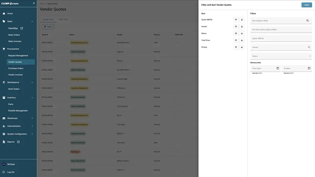 Dashboard displaying vendor quotes management with sorting and filtering options.