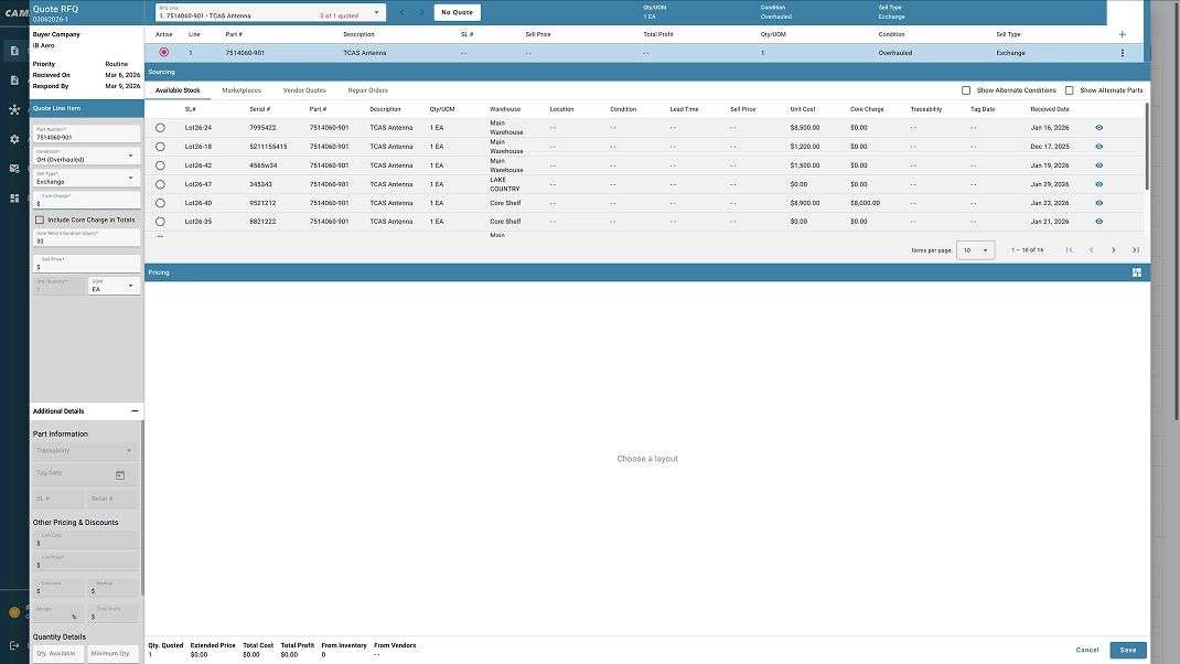 Inventory management dashboard displaying TCAS Antenna details, pricing, and warehouse information.