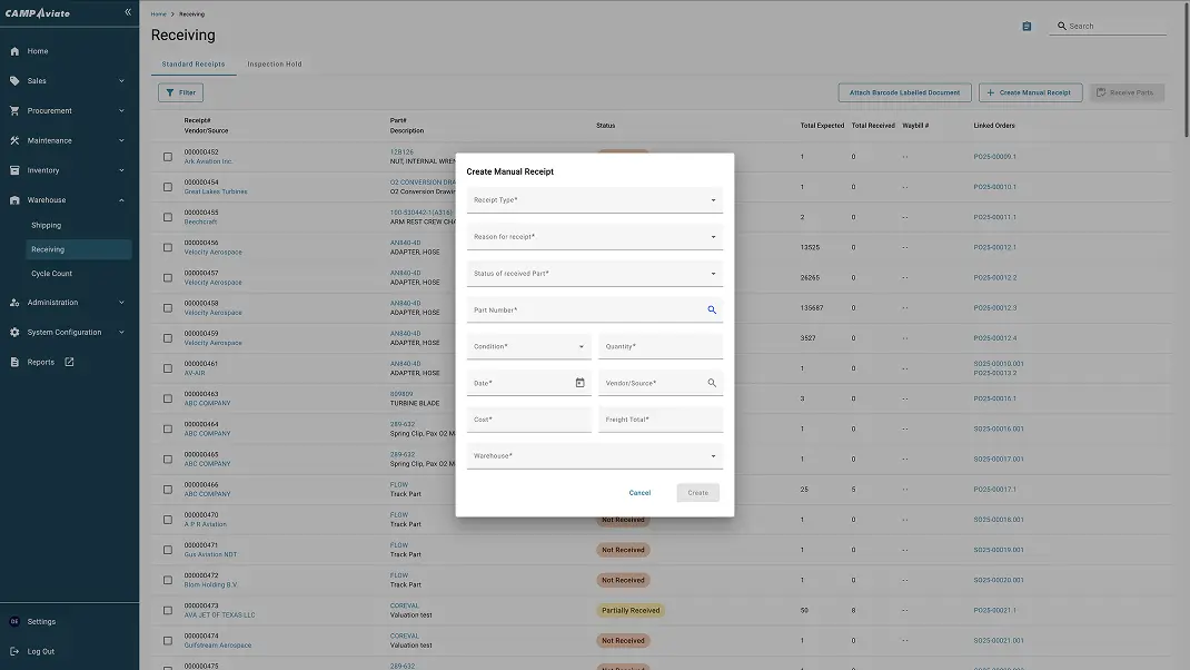 Warehouse software interface showing receipt creation form and inventory list for efficient stock management.