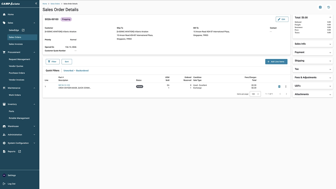 Sales order details screen on CAMP Aviator software dashboard showcasing customer and order information.