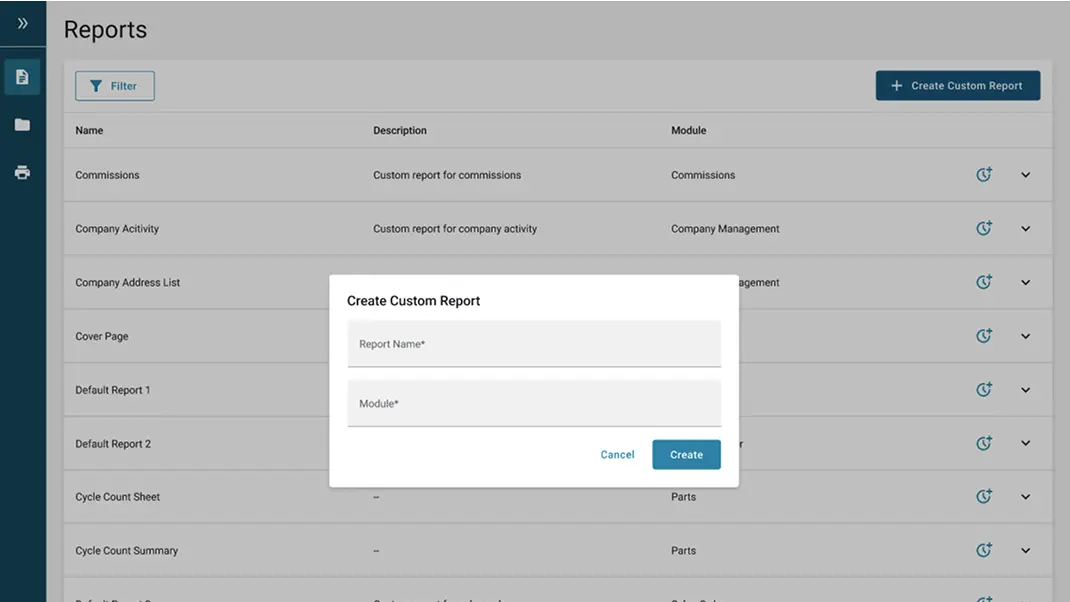 Create custom report interface on the reports page with options to name and select a module, ready for input.