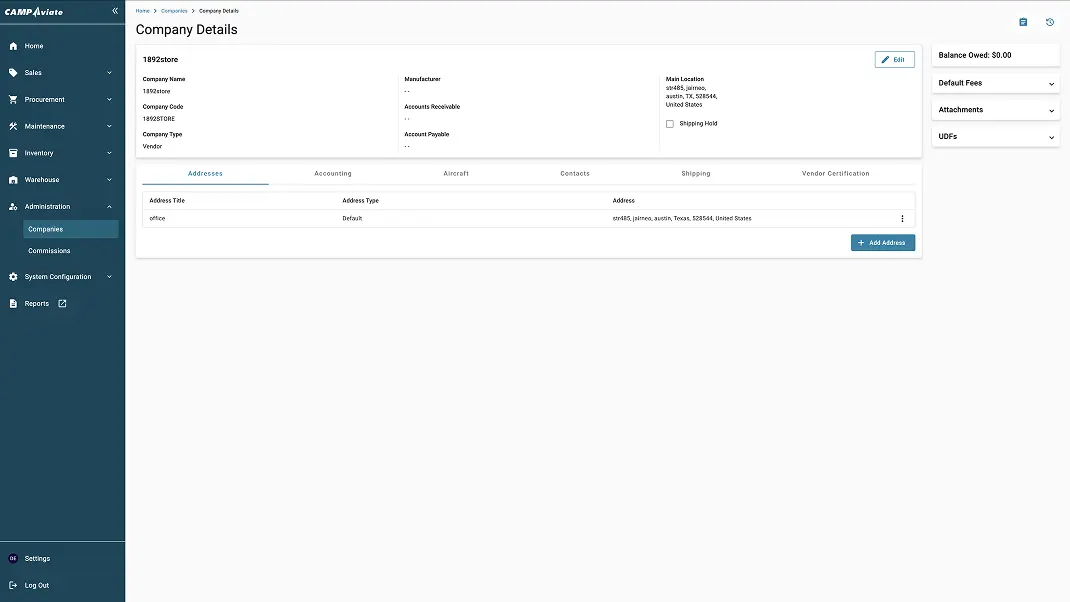 Screenshot of CAMP Aviate software showing company details and address management interface options.