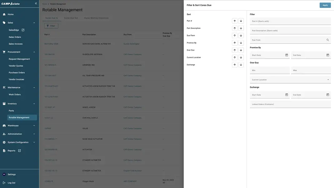 Rotable management dashboard with parts list and filter options for efficient inventory tracking and management.
