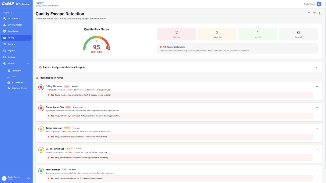 Quality Escape Detection dashboard showing a high risk score of 95 with identified risk areas and action steps.