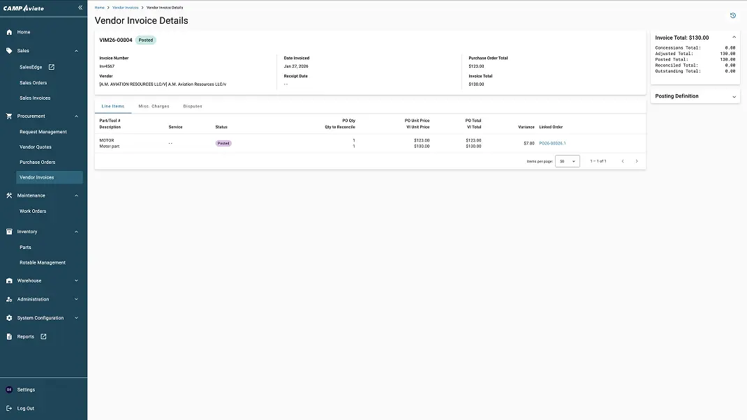 Vendor invoice details on CAMP Aviator software, showing itemized charges and navigation menu for procurement tasks.