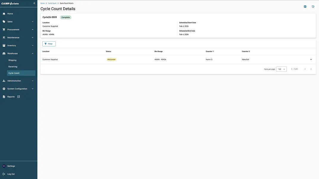 Cycle Count Details dashboard with status, location, and bin range information, highlighting an uncounted status.