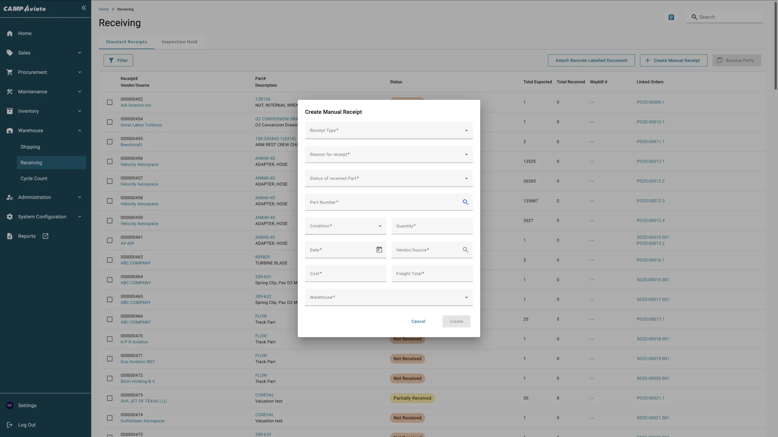 Warehouse software interface displaying a manual receipt creation overlay