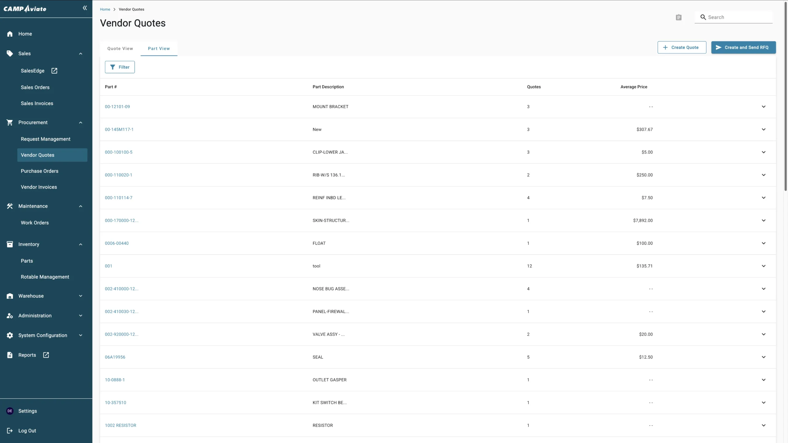 Vendor quotes dashboard showing parts list, descriptions, quotes, and average prices for procurement management