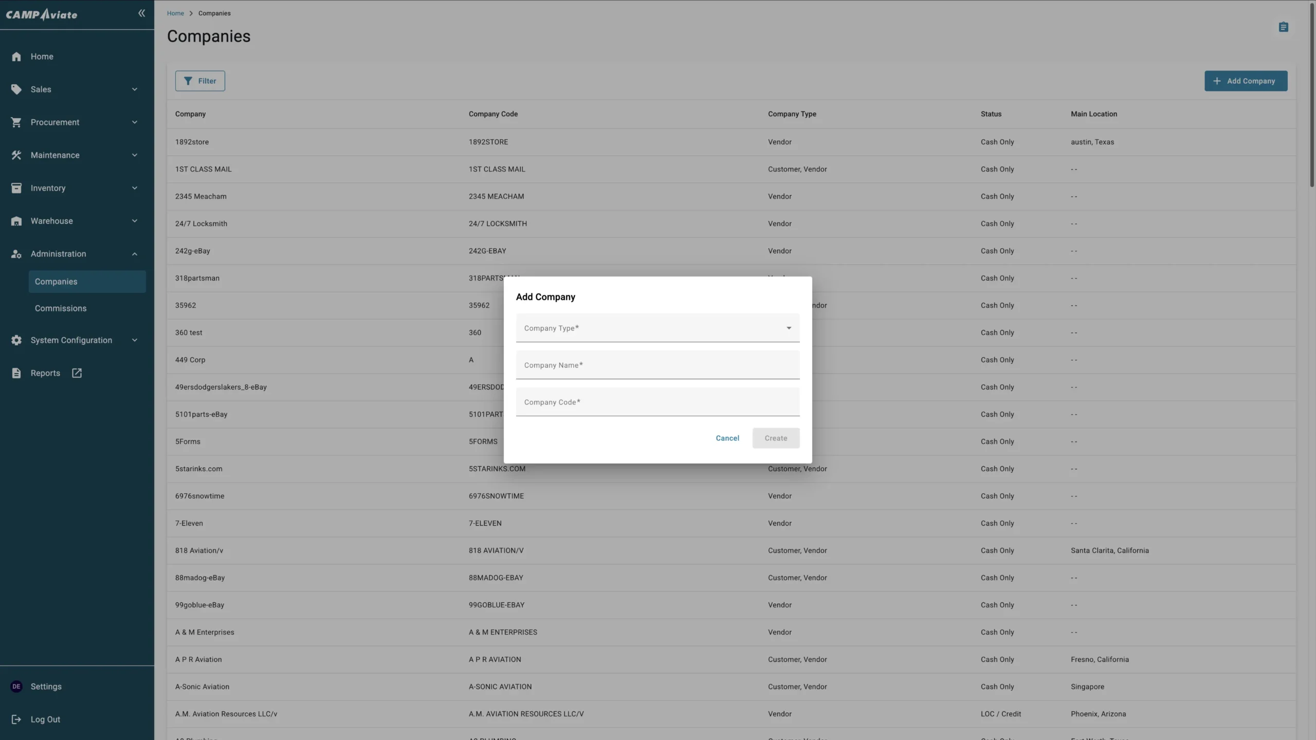 Dashboard for company management with add company form open, displaying a list of existing companies and filter options