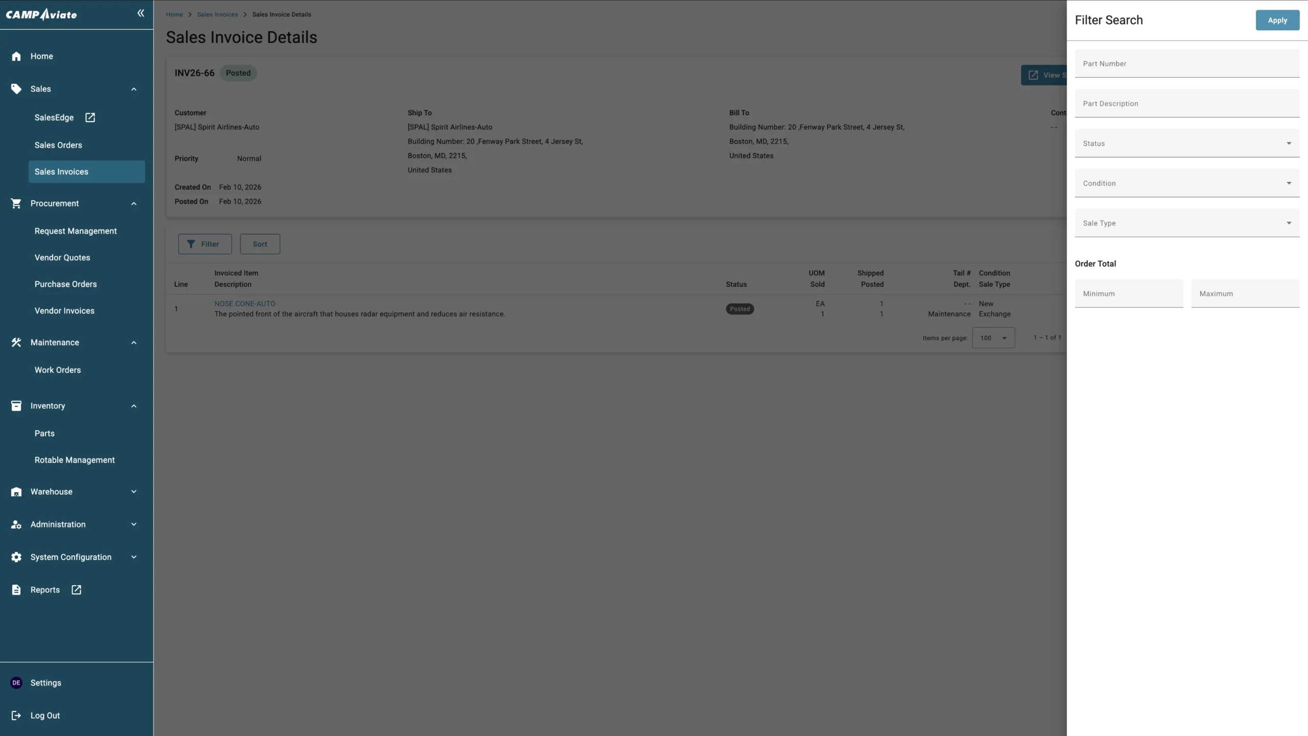 Sales invoice interface for Spirit Airlines-Auto with filter options and itemized details for an aircraft nose cone