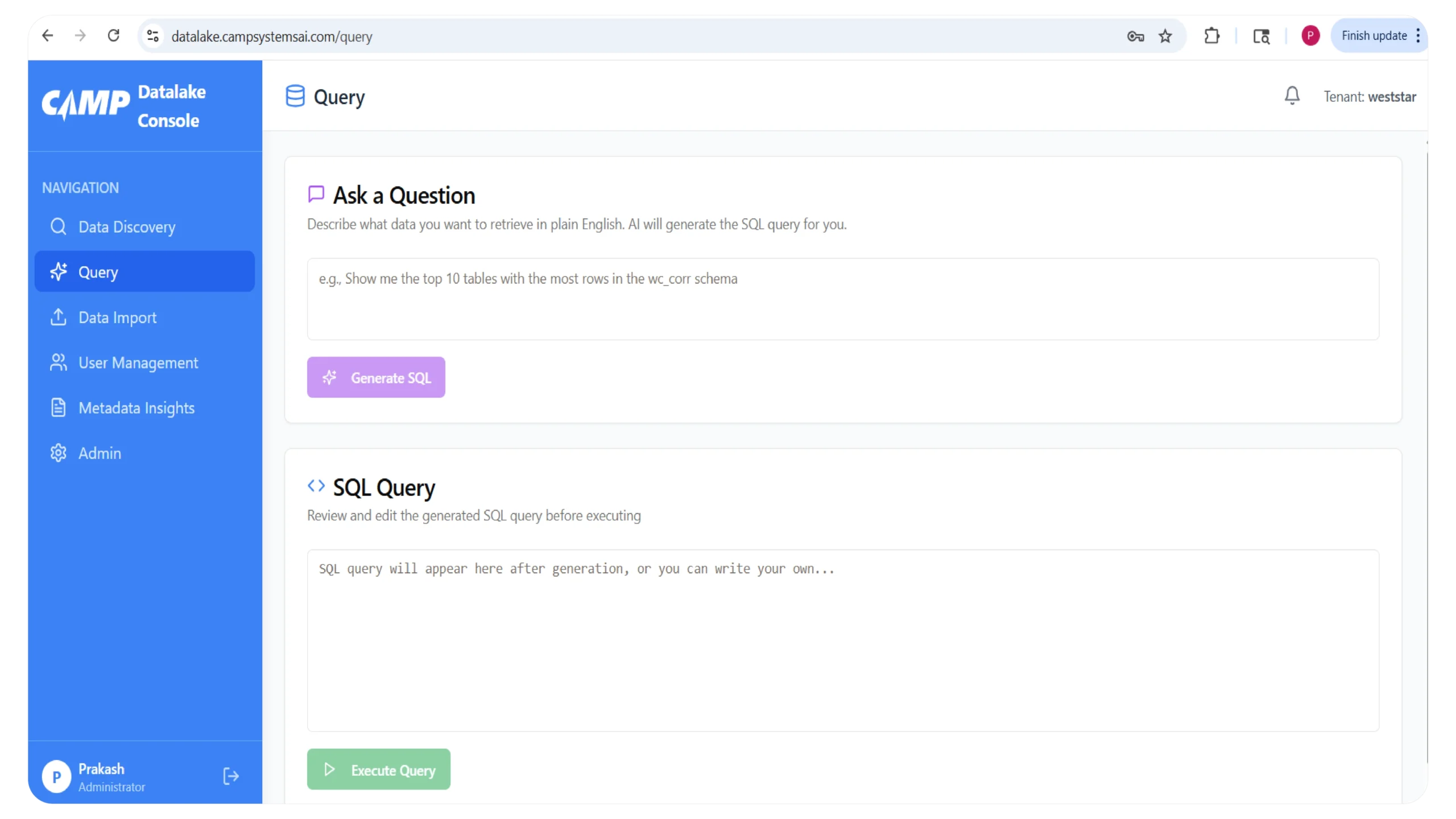 Datapanel interface with AI-generated SQL query and data navigation, featuring Generate SQL and Execute Query options