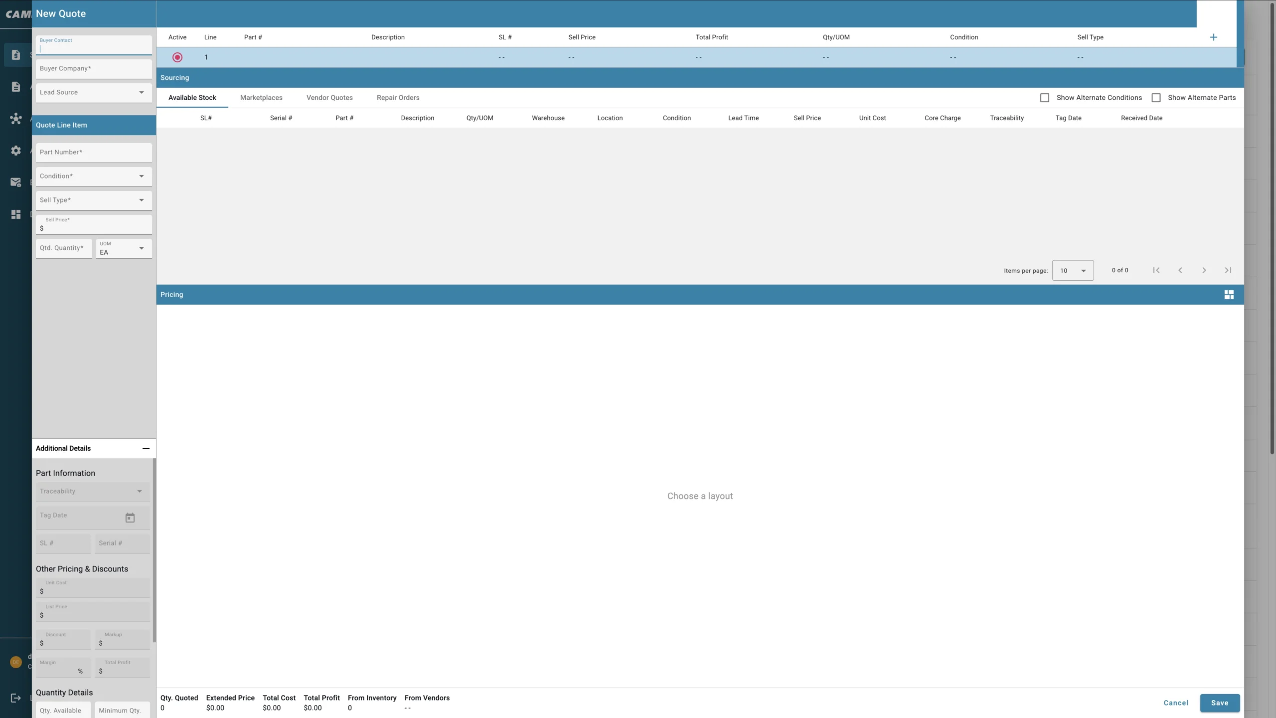 Screenshot of a quote management software interface with fields for part information and pricing details