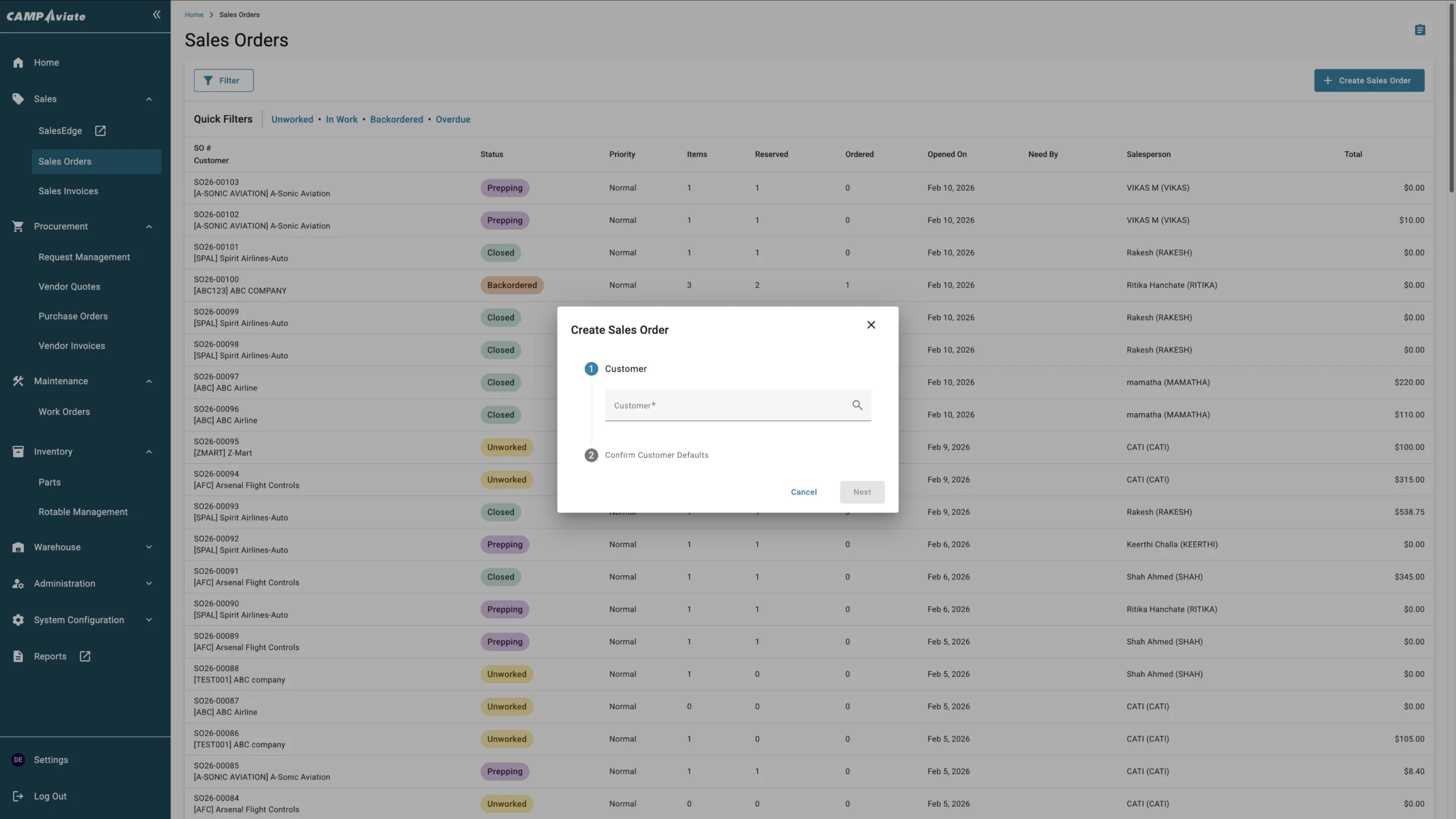 Sales order management dashboard with open Create Sales Order window for customer selection