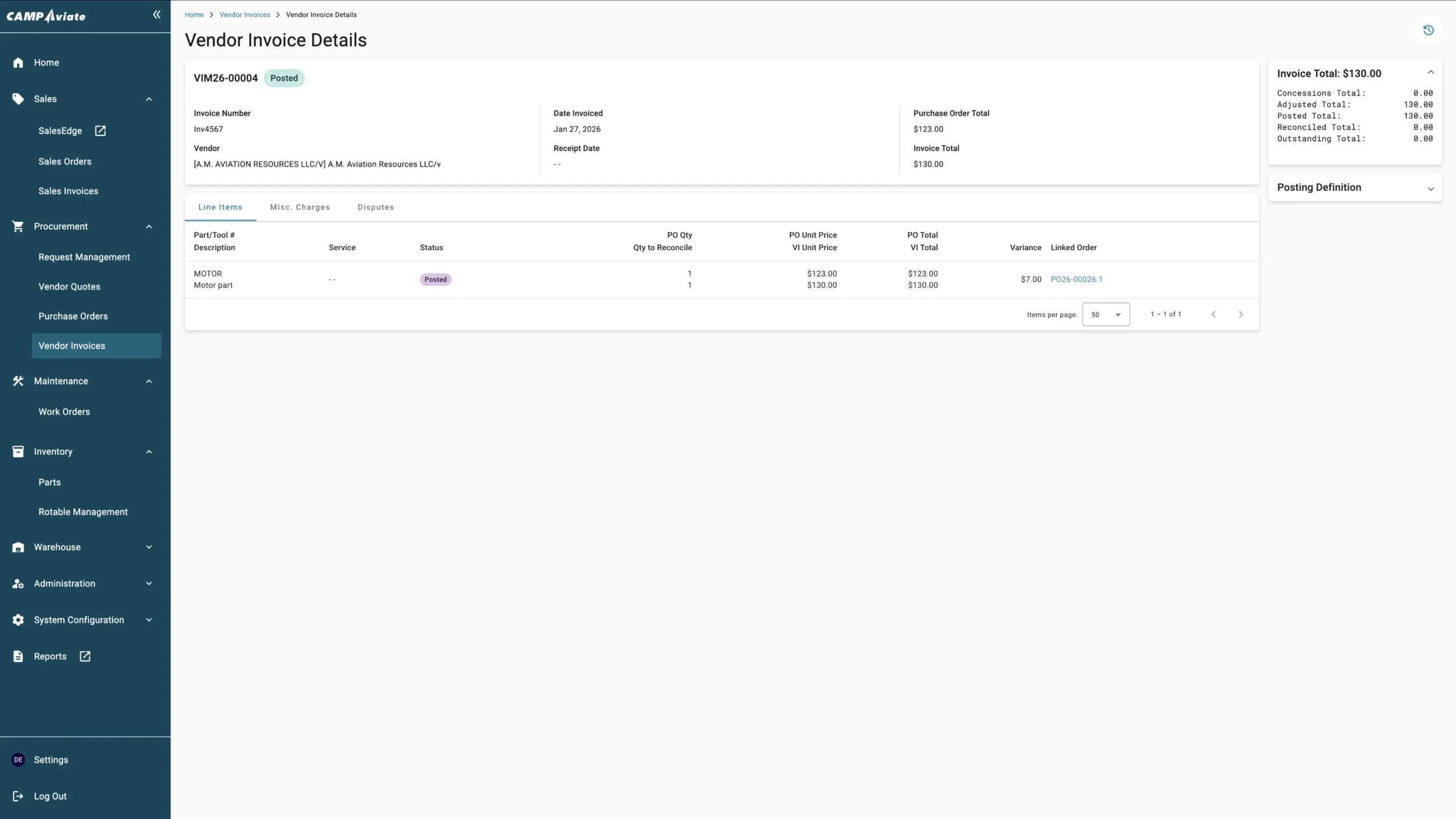 Vendor invoice details screen showing motor part order information and pricing