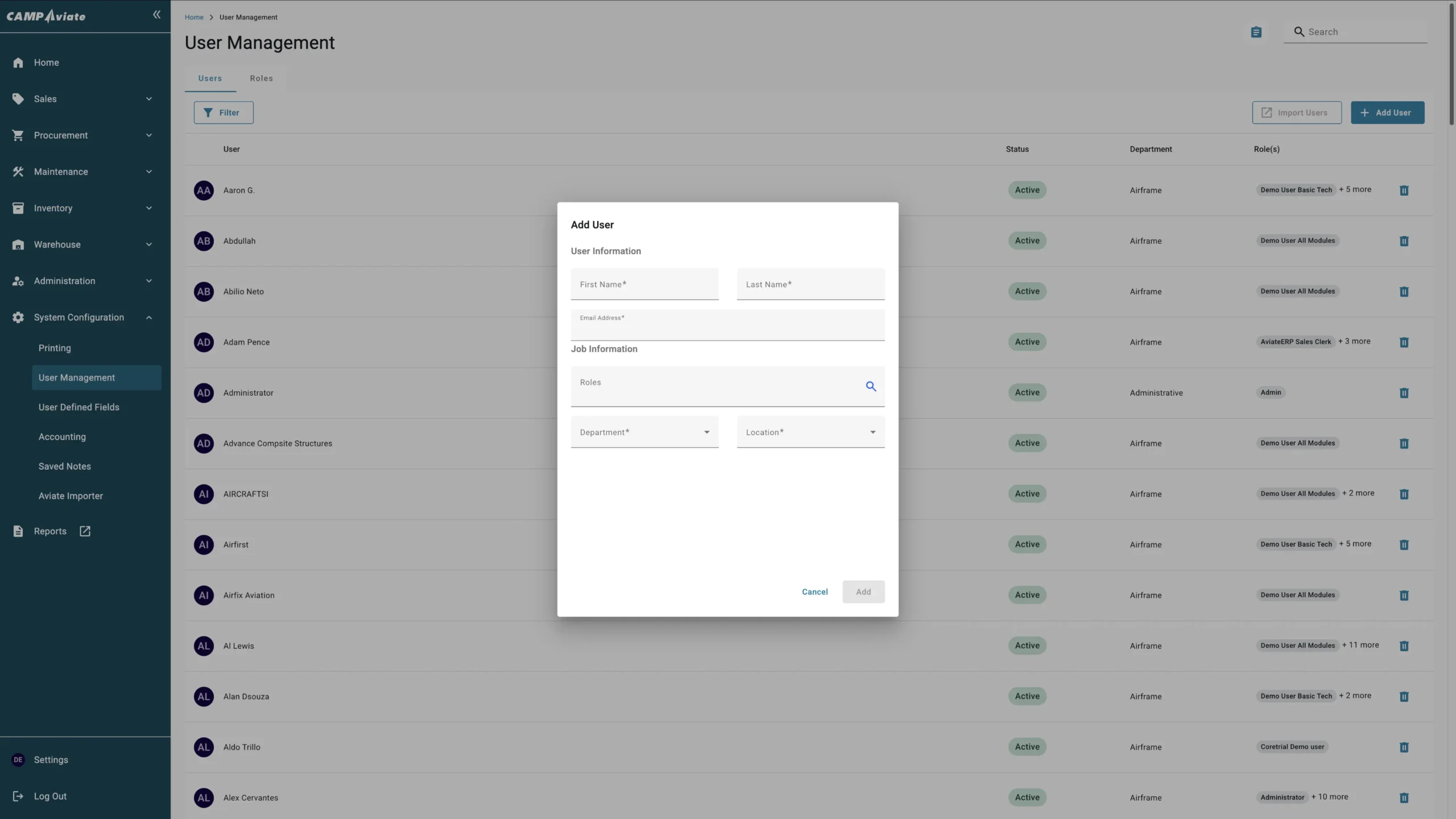 User management dashboard with active user list and add user form displayed.