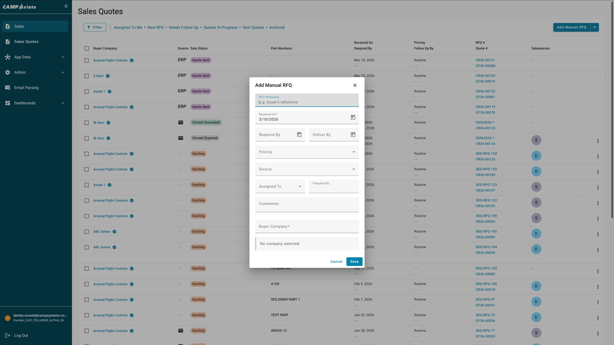 Sales quotes dashboard with RFQ details and manual request form open for data input