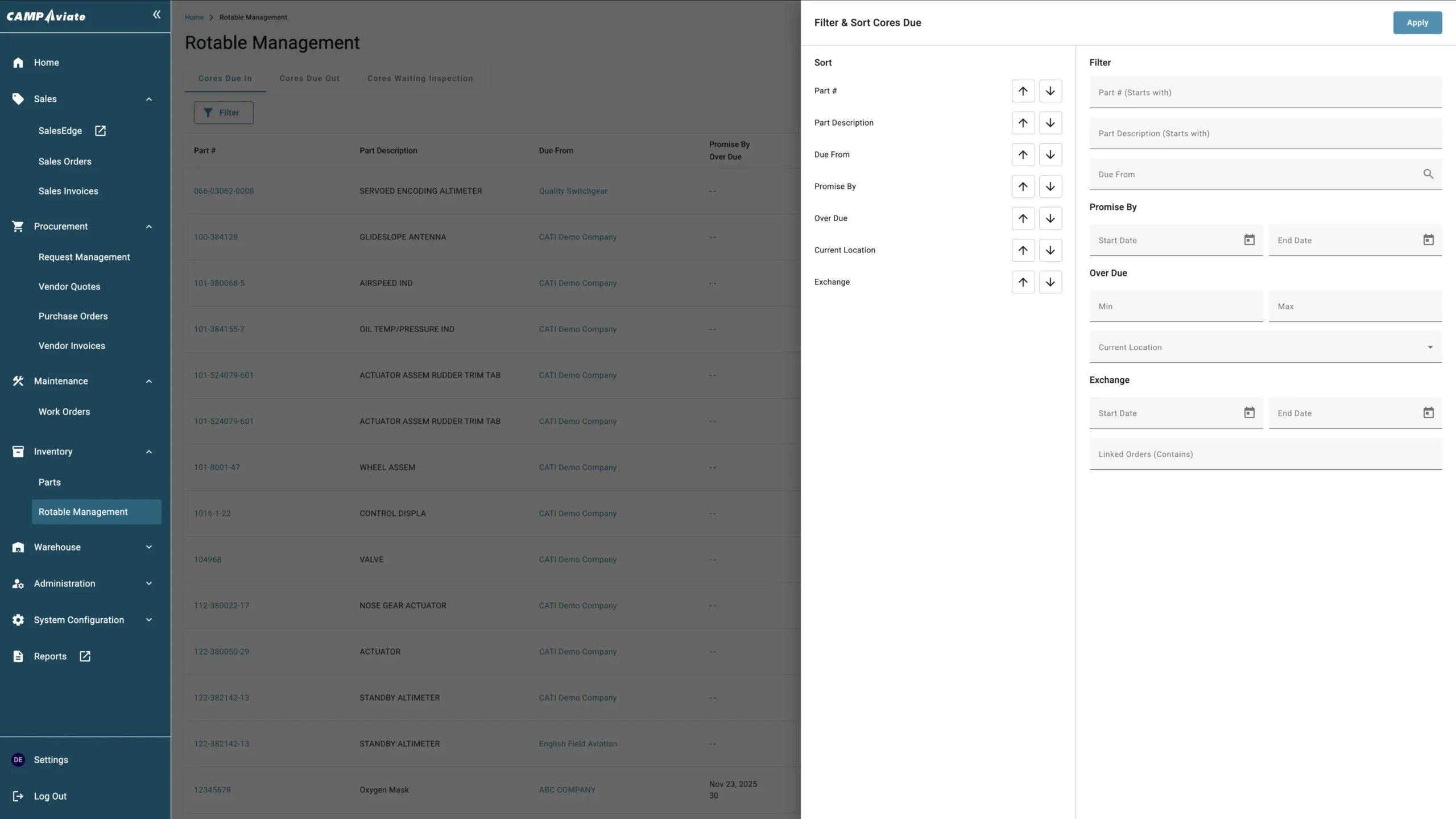 Rotable management dashboard with filter and sort options for parts and orders in inventory management system