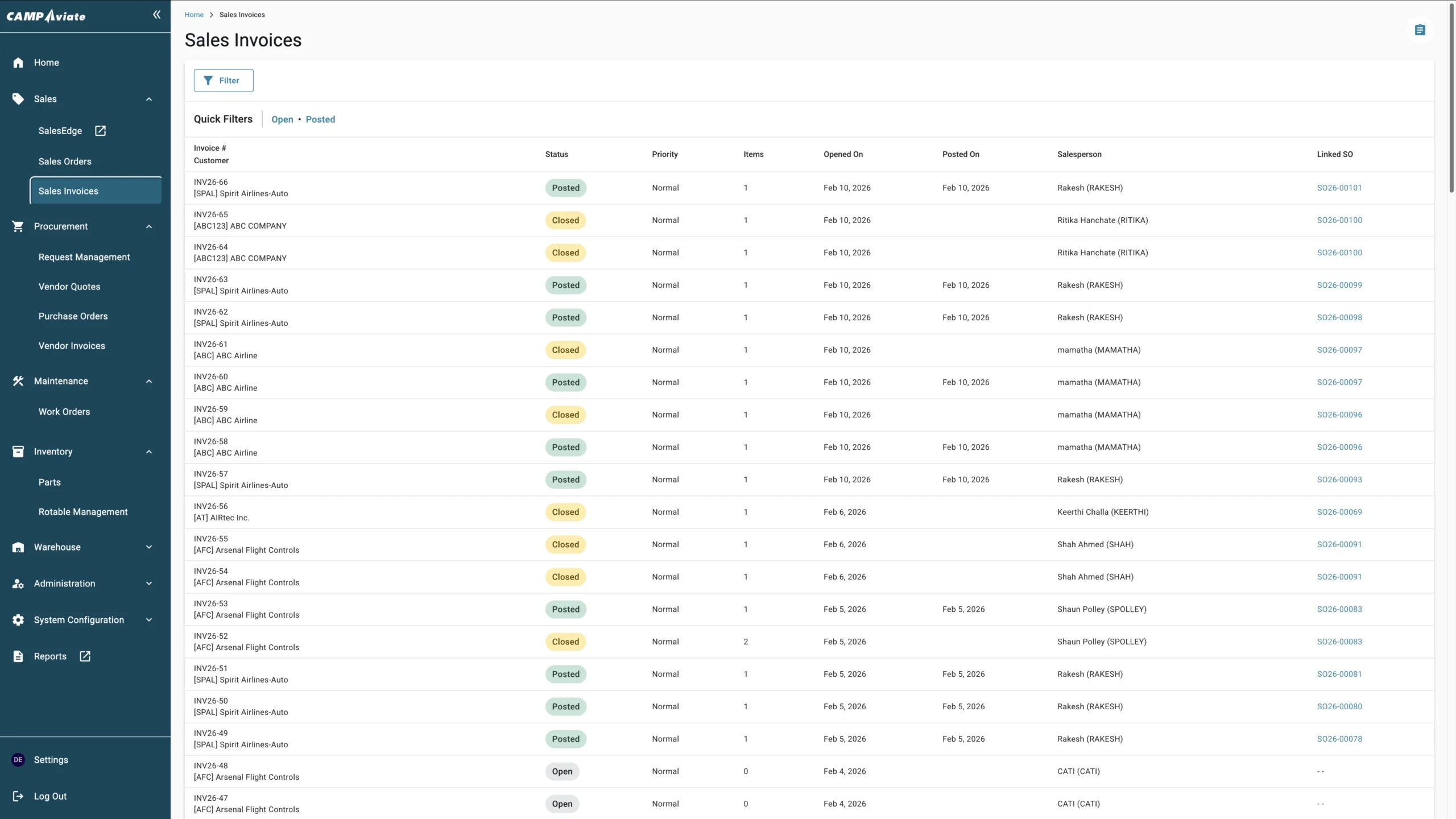 Sales invoice dashboard showing invoice status, customer names, and posting dates for effective business management