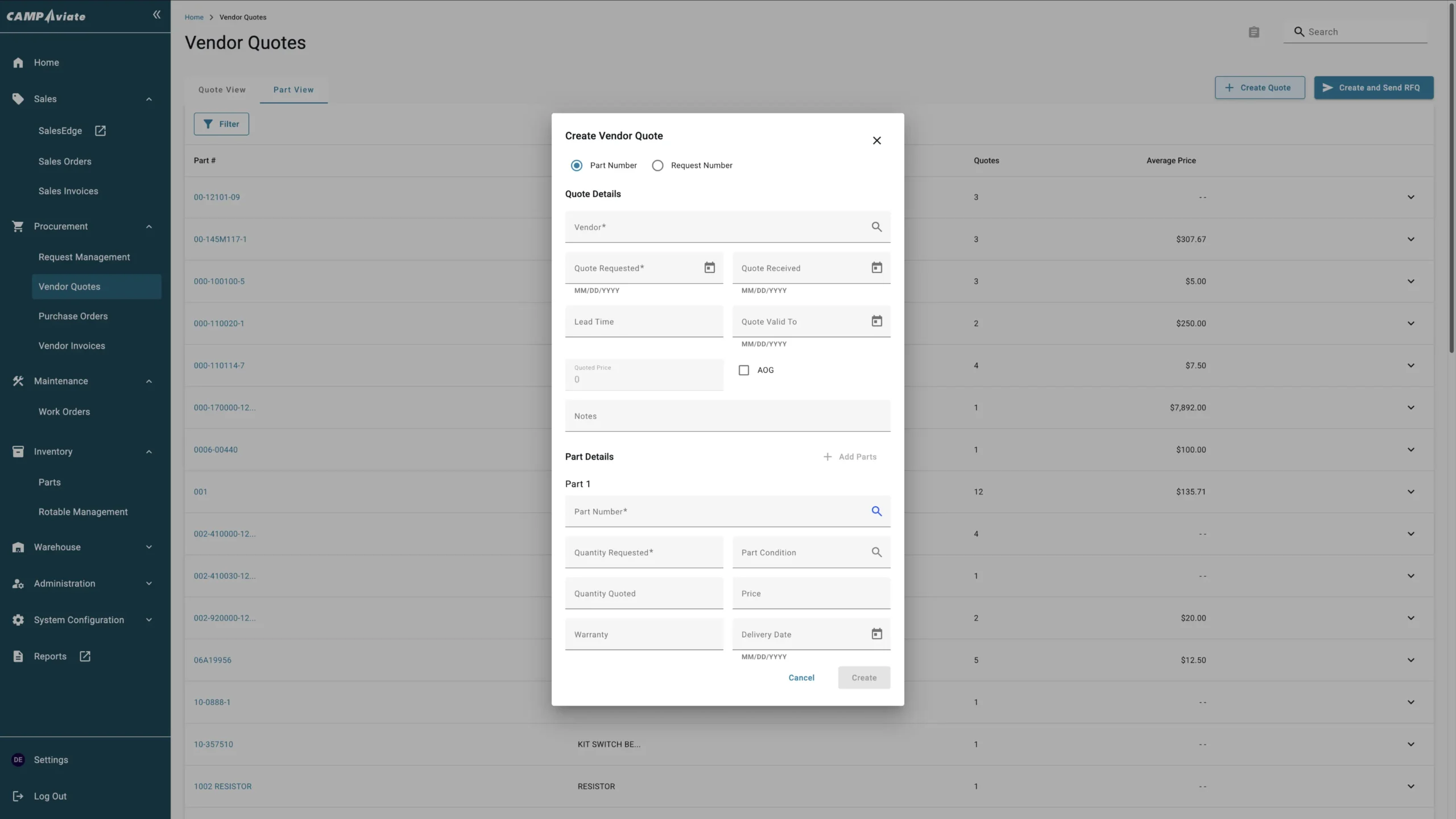 Vendor quotes interface with form for creating and managing quotes in a procurement software platform