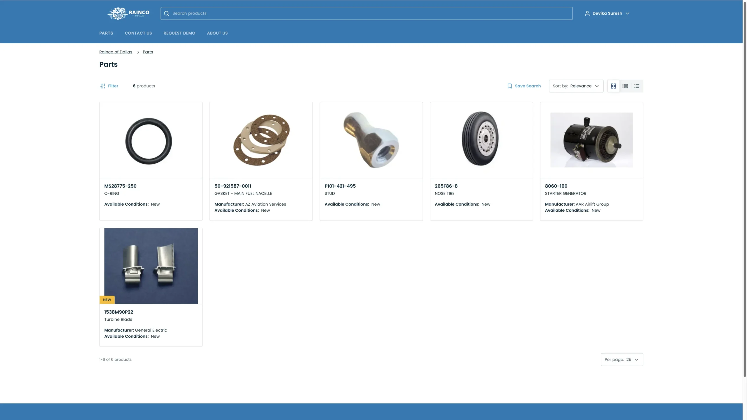 Online store with aircraft parts: O-ring, gasket, stud, tire, starter generator, turbine blade. Available new