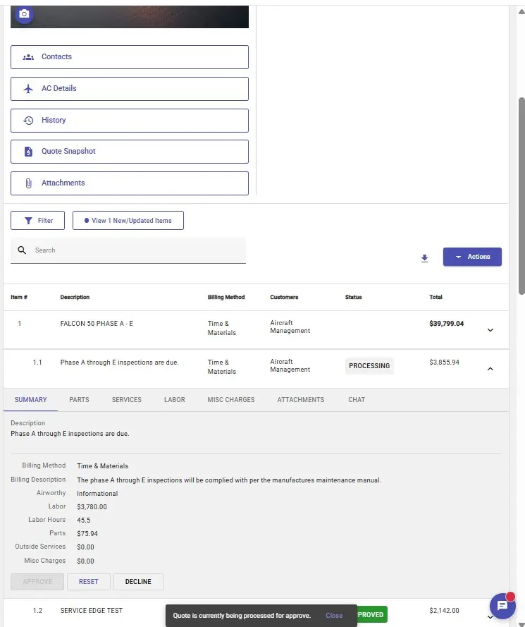 Invoice interface showing aircraft management services quote, detailing costs and status for Falcon 50 inspections