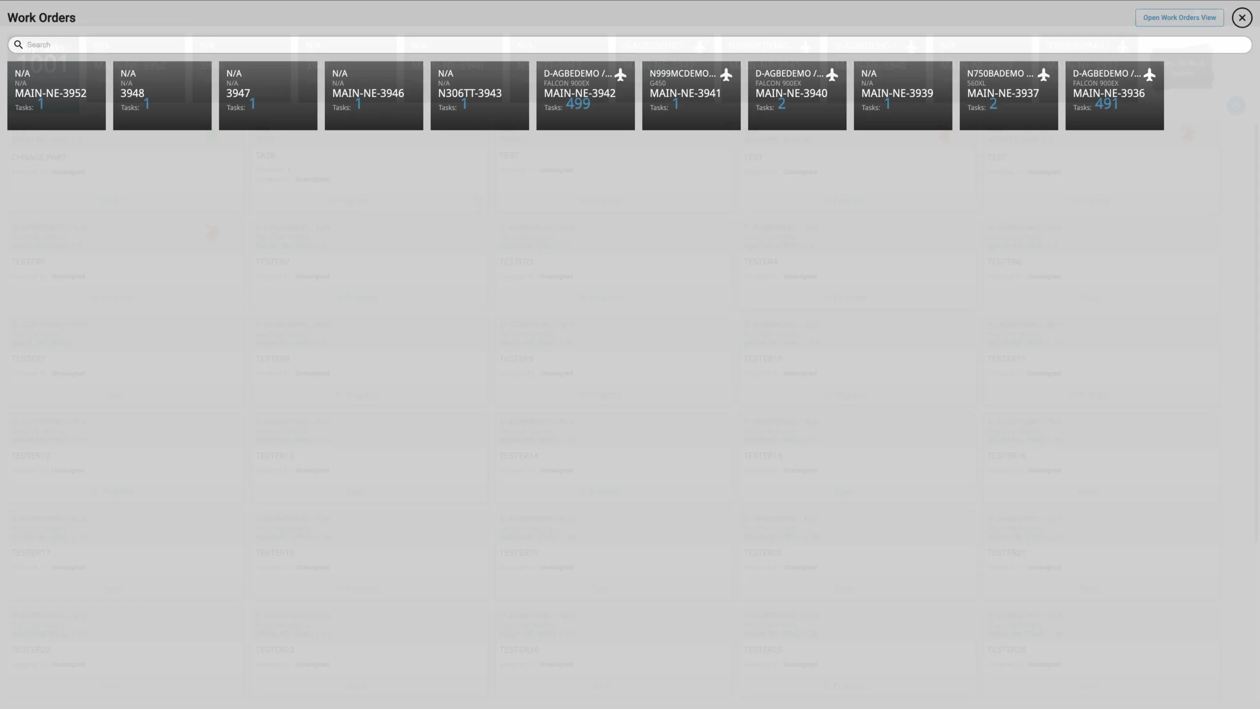 Dashboard displaying multiple work orders with tasks and aircraft identifier codes