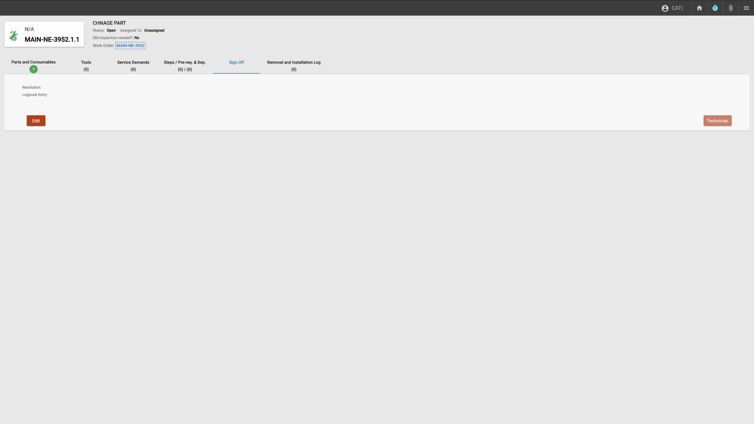 Work Order Management Screen: Status Open, assigned to Unassigned, with options for parts, tools, and service demands