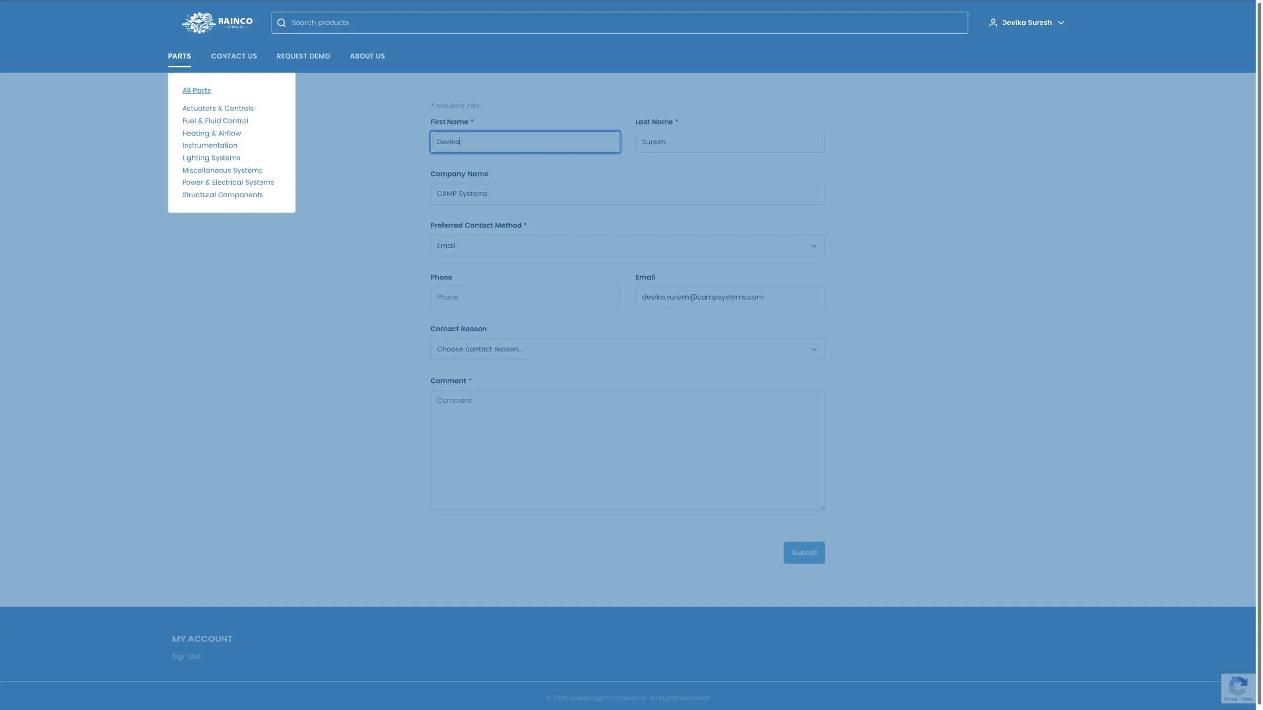 Website contact form for CAMP Systems with fields for name, email, company, and comments with submit option