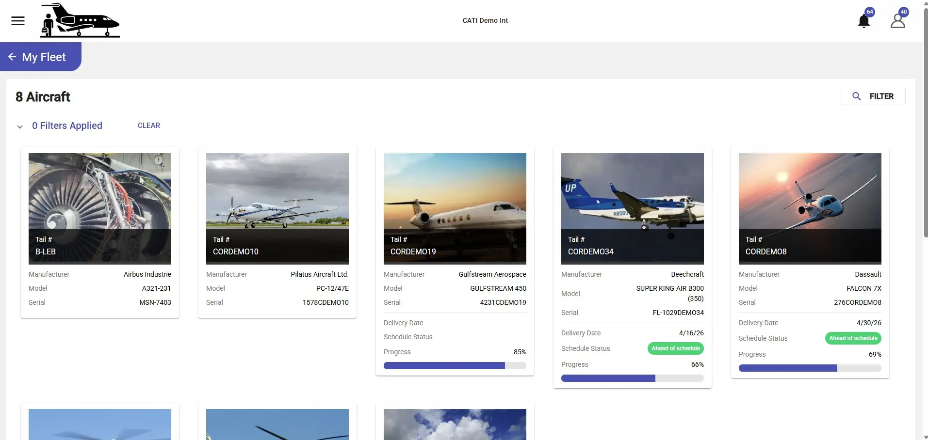 Dashboard displaying various aircraft models, manufacturers, and progress statuses in a fleet management system