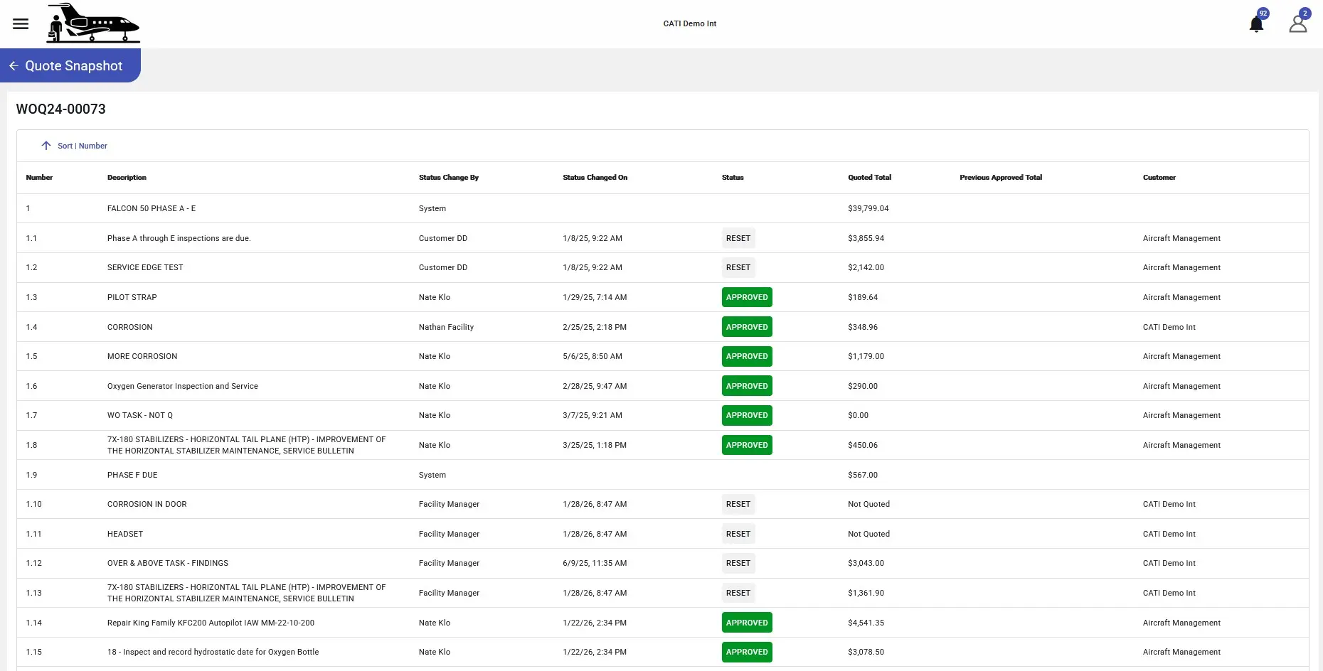 Aircraft maintenance quote snapshot, listing tasks, status updates, and costs for Falcon 50 inspections and services