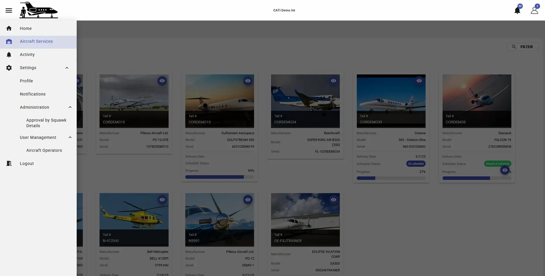 Aircraft management dashboard displaying schedules and progress for various models