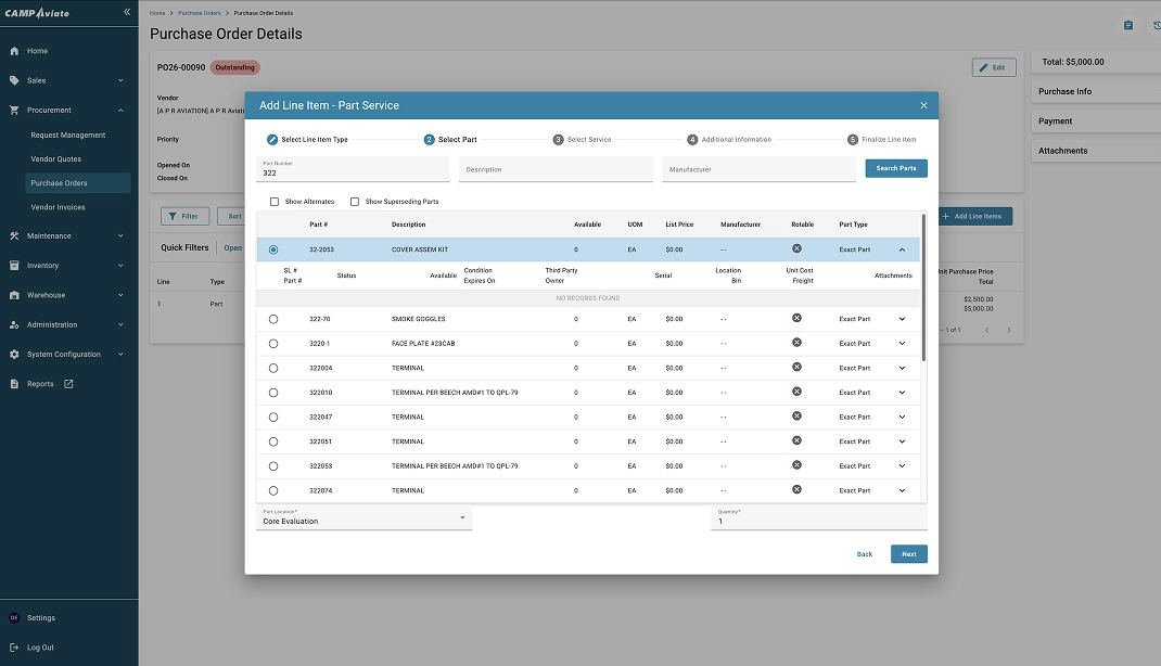 Purchase order details screen with parts list and selection options for adding line items in a procurement system.