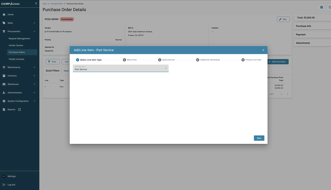 Purchase order software interface showing Add Line Item window for part services.