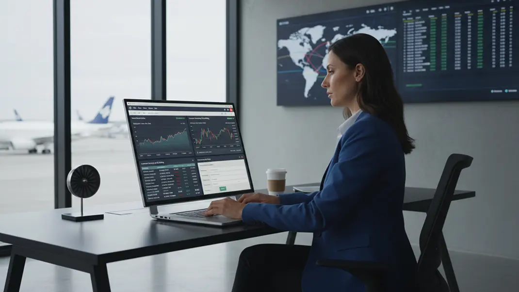 Businesswoman analyzing stock charts on laptop in modern airport lounge.