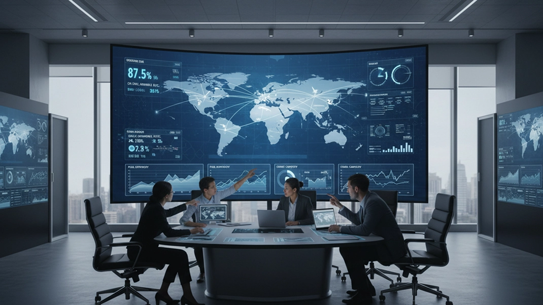 Team analyzing global data on digital screens in a modern office setting.