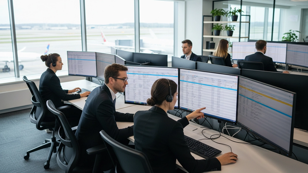People working in an airport control office, monitoring flights on multiple screens in a modern setting.