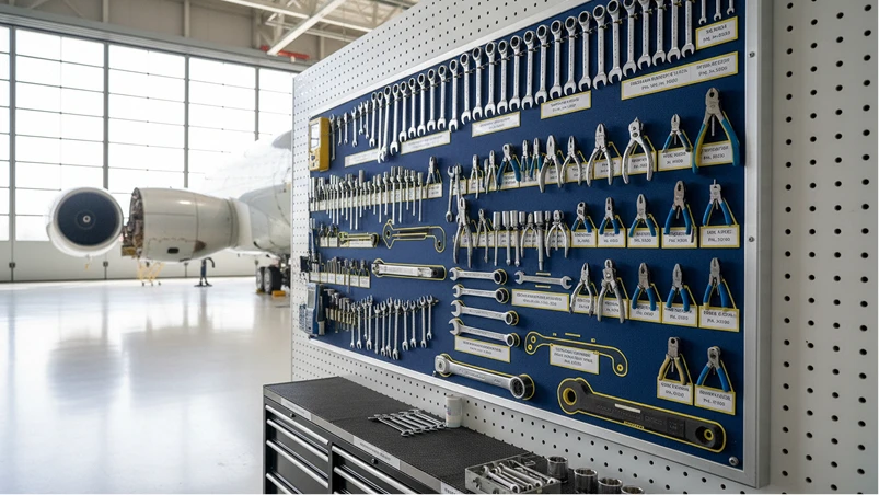 Organized tool hangboard in aircraft hangar with neatly arranged wrenches and tools near a parked airplane.