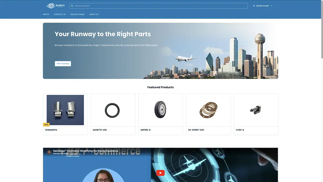 Aviation parts website homepage showcasing inventory and featured products for aircraft and helicopters.