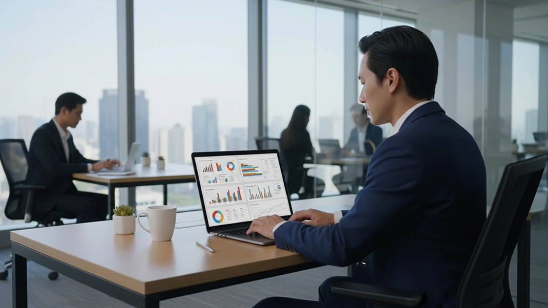 Office worker analyzing charts on laptop with city view background.
