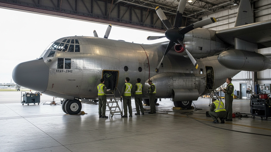 Technicians inspect military aircraft in hangar for maintenance.