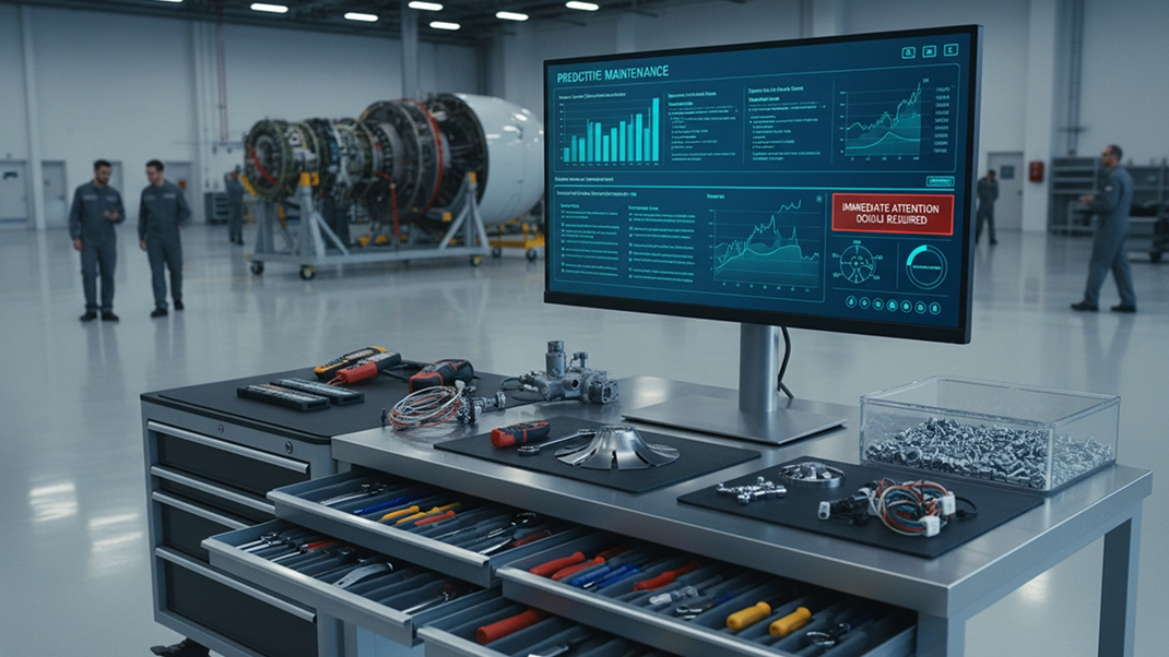 High-tech aircraft maintenance hangar with predictive analytics on screen, tools, and jet engine in background.